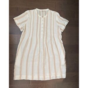 Faherty Gemina Linen White & Tan Striped Short-Sleeve Dress Excellent Large